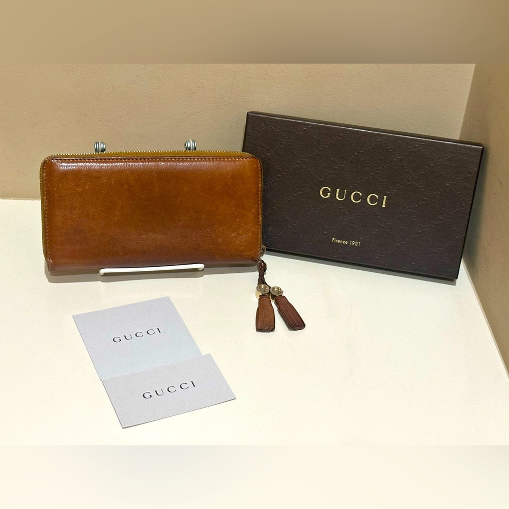 Gucci Long Zippy Tan Marrakech Leather Wallet w/GG Braid Tassels - Picture 1 of 13